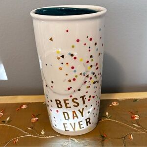 Starbucks 2015 “Best Day Ever” Confetti Ceramic Coffee Travel Tumbler Mug W/ Lid